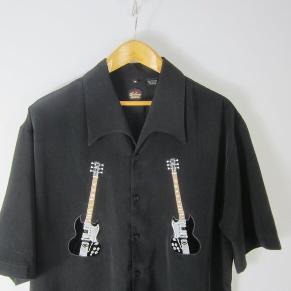 VTG  Gibson Tour Wear Men XL SS Shirt Black Embroidered Guitars Velvet Accent - Picture 4 of 9